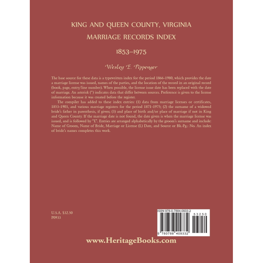 back cover of King and Queen County, Virginia Marriage Records Index, 1853-1975