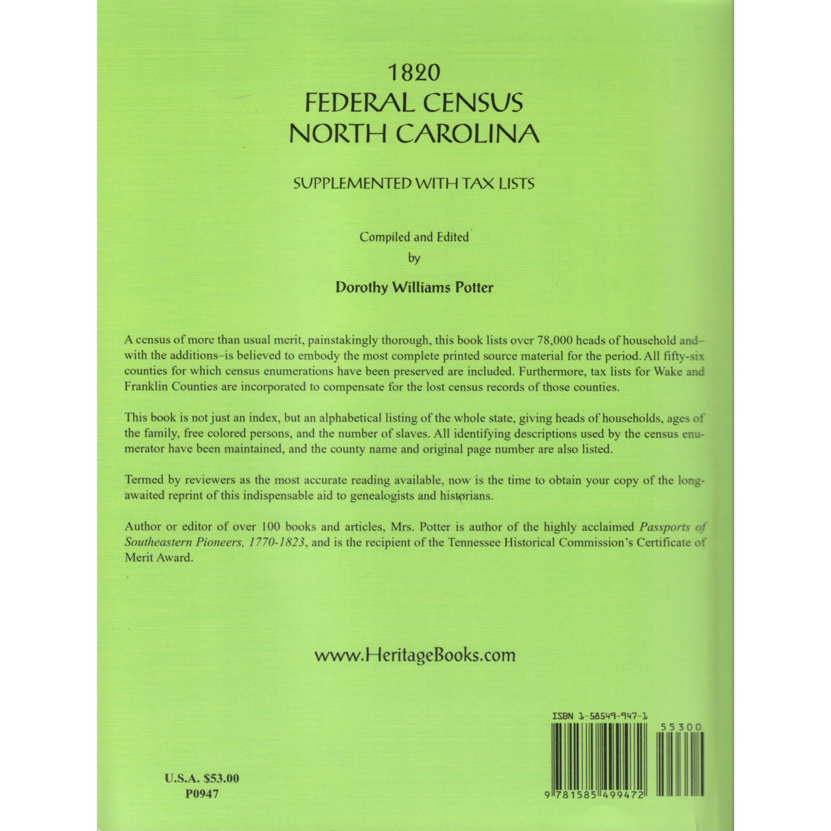 1820 North Carolina Federal Census back cover