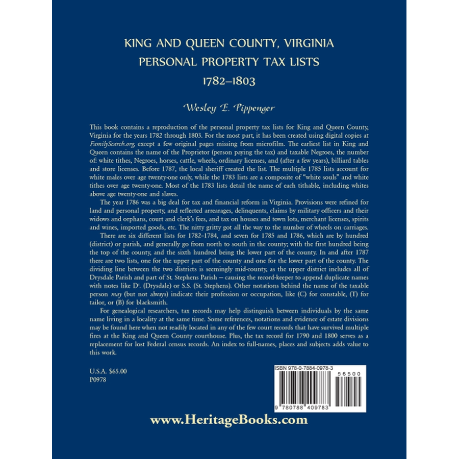 King and Queen County, Virginia Personal Property Tax Lists, 1782-1803 back cover