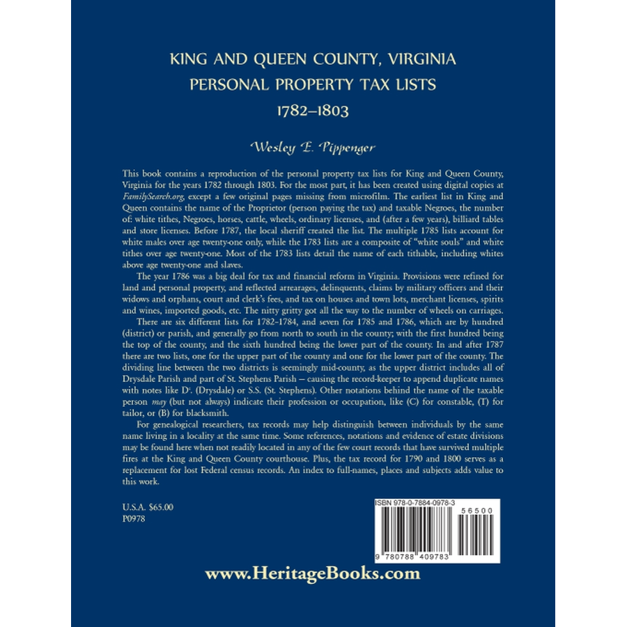 back cover of King and Queen County, Virginia Personal Property Tax Lists, 1782-1803
