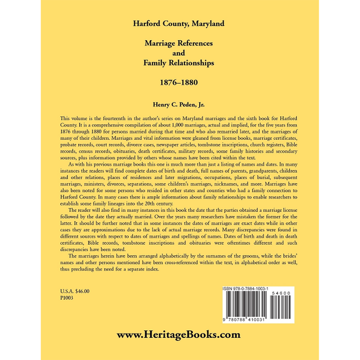 Harford County, Maryland Marriage References and Family Relationships, 1876-1880 back cover
