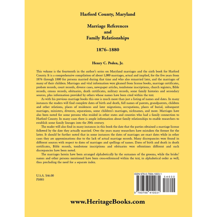 back cover of Harford County, Maryland Marriage References and Family Relationships, 1876-1880