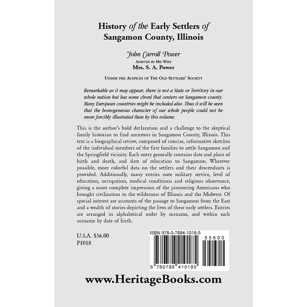 History of the Early Settlers of Sangamon County, Illinois back cover
