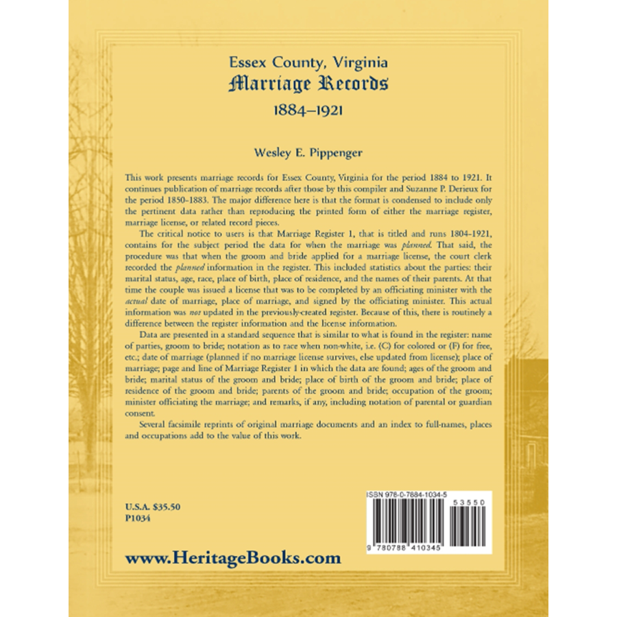 back cover of Essex County, Virginia Marriage Records, 1884-1921