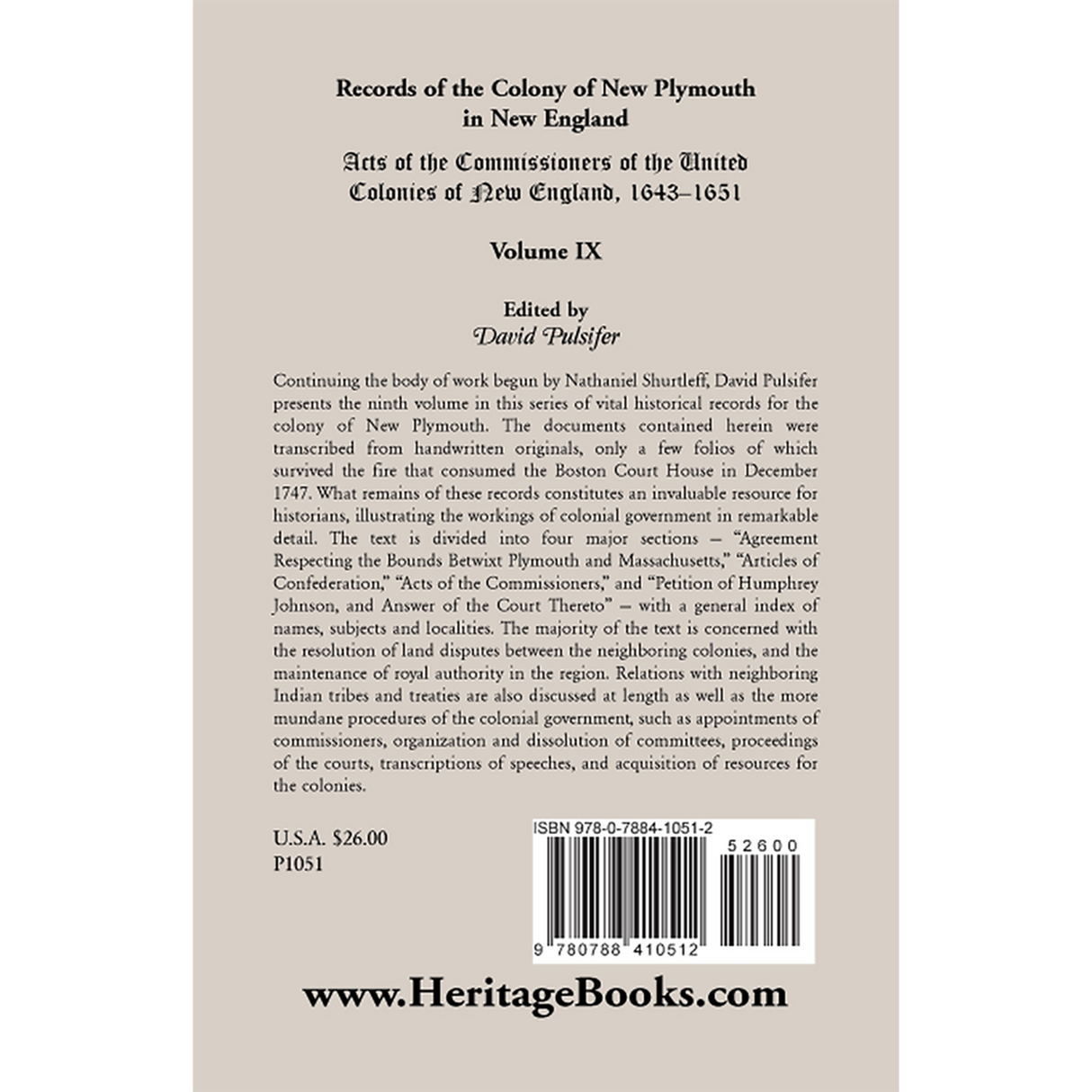 Records of the Colony of New Plymouth in New England, Volume IX: Acts of the Commissioners of the United Colonies of New England, 1643-1651 back cover