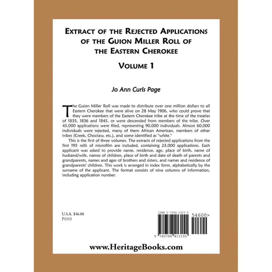 Extract of the Rejected Applications of the Guion Miller Roll of the Eastern Cherokee, Volume 1 back cover