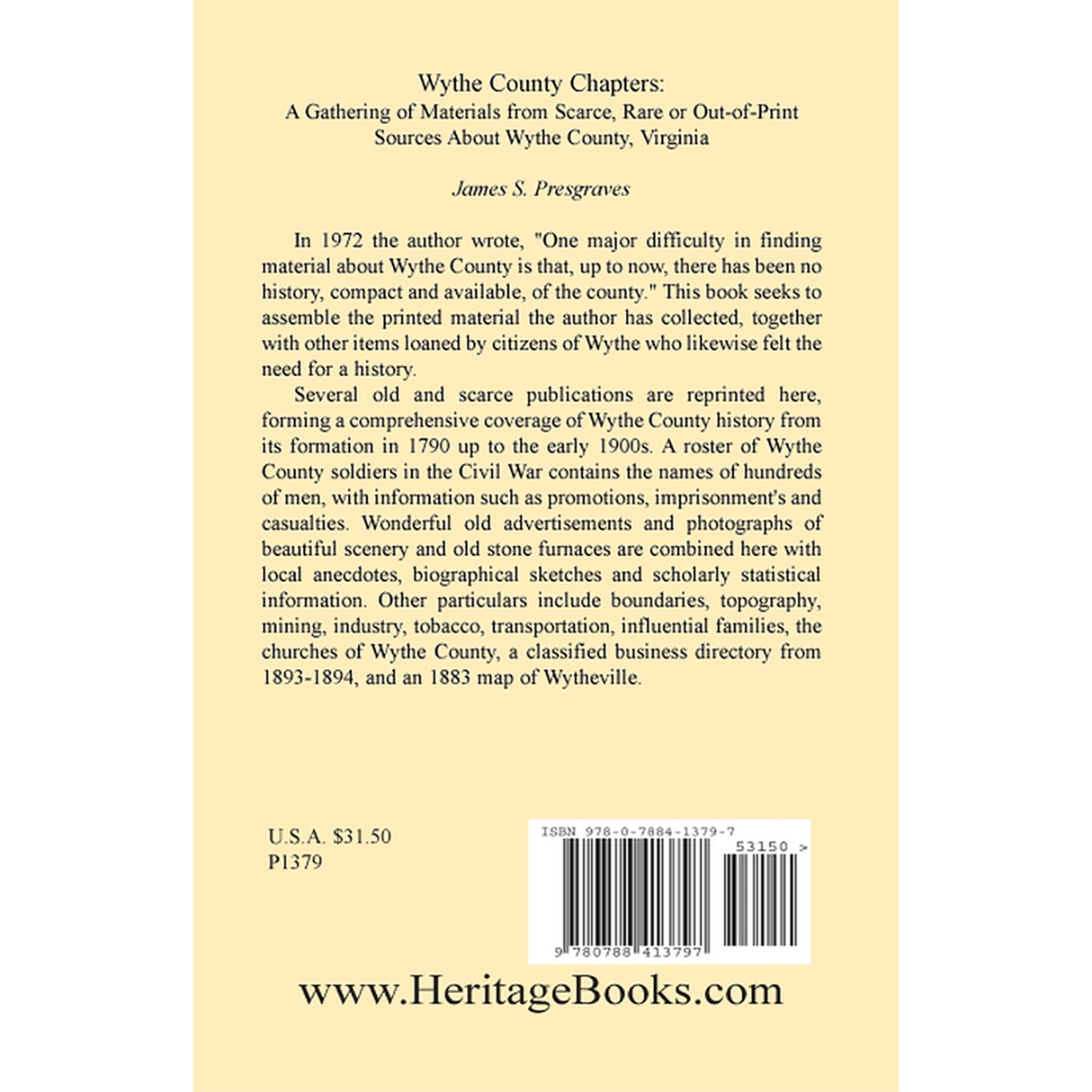 Wythe County Chapters: A Gathering of Materials from Scarce, Rare or Out-of-Print Sources About Wythe County, Virginia back cover