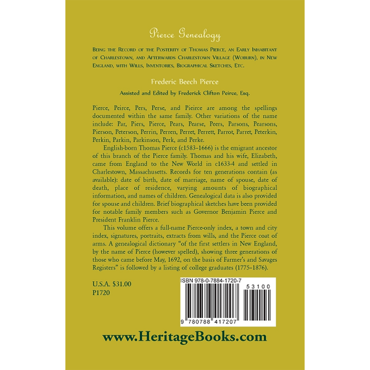 Pierce Genealogy, Being the Record of the Posterity of Thomas Pierce back cover