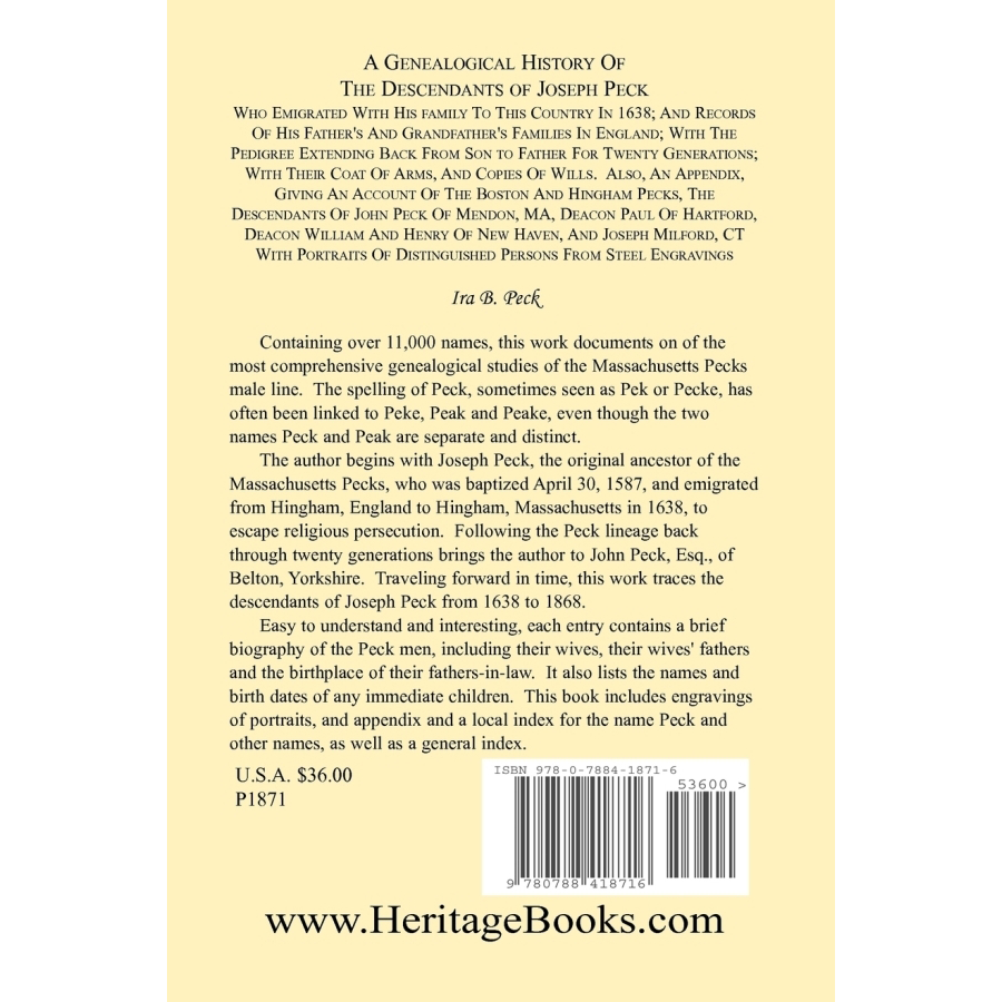 A Genealogical History of the Descendants of Joseph Peck, Who Emigrated With His Family to this Country in 1638 back cover