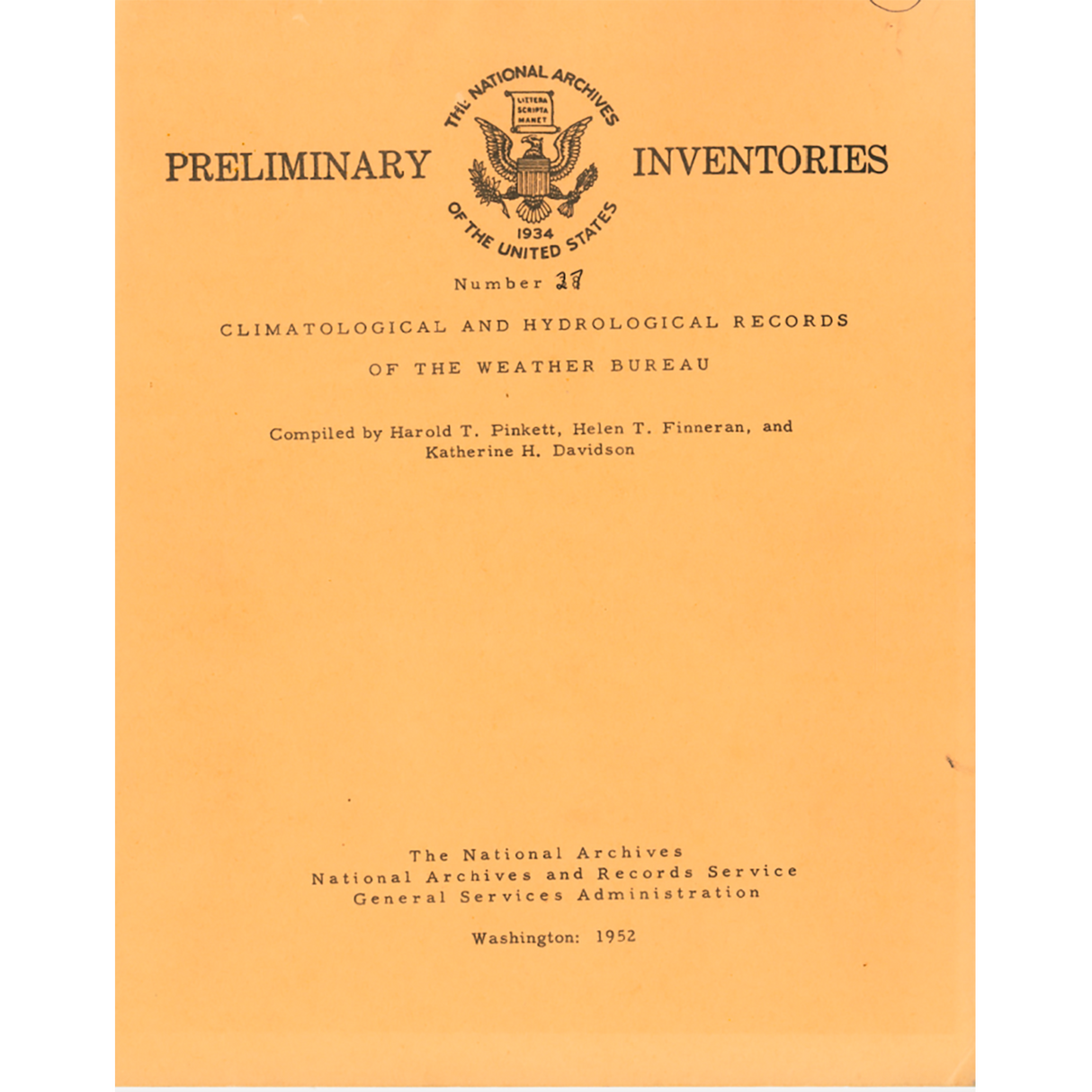 Preliminary Inventory No. 27, Climatological and Hydrological Records of the Weather Bureau, Record Group 27