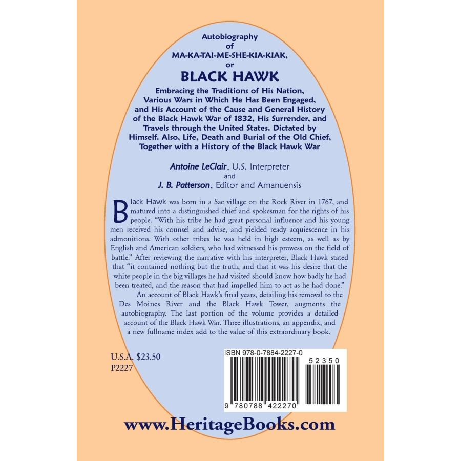 back cover of Autobiography of Ma-Ka-Tai-Me-She-Kia-Kiak, or Black Hawk