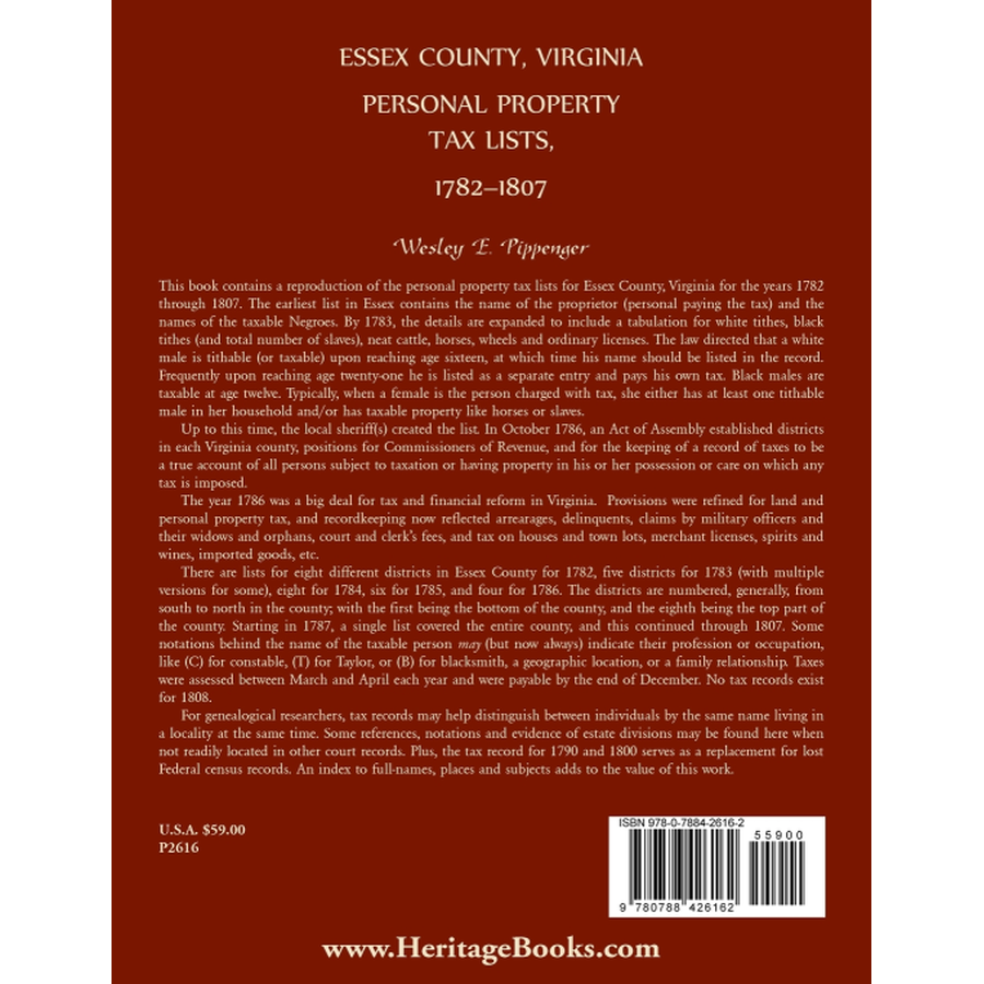 back cover of Essex County, Virginia Personal Property Tax Lists, 1782-1807