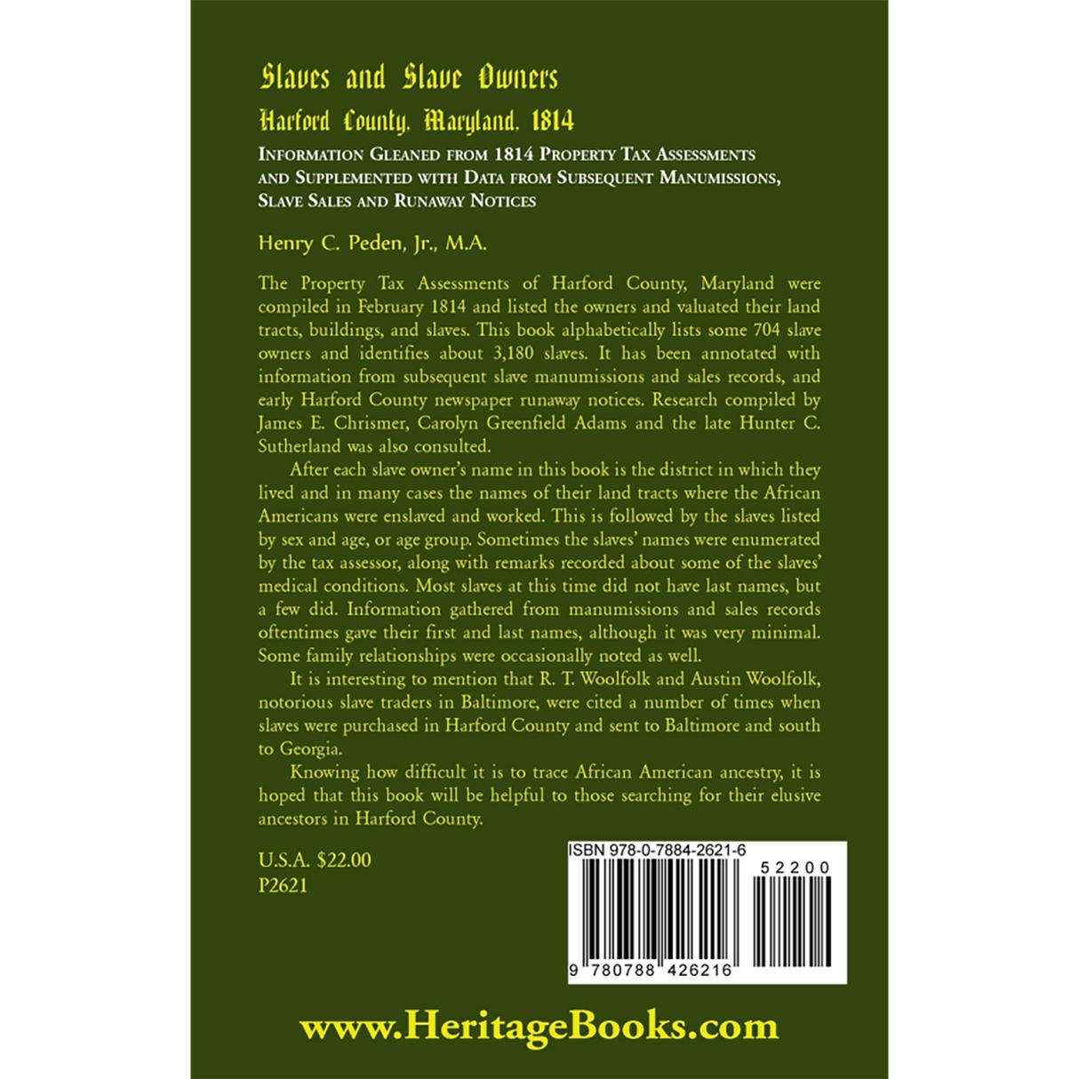 Slaves and Slave Owners, Harford County, Maryland, 1814 back cover