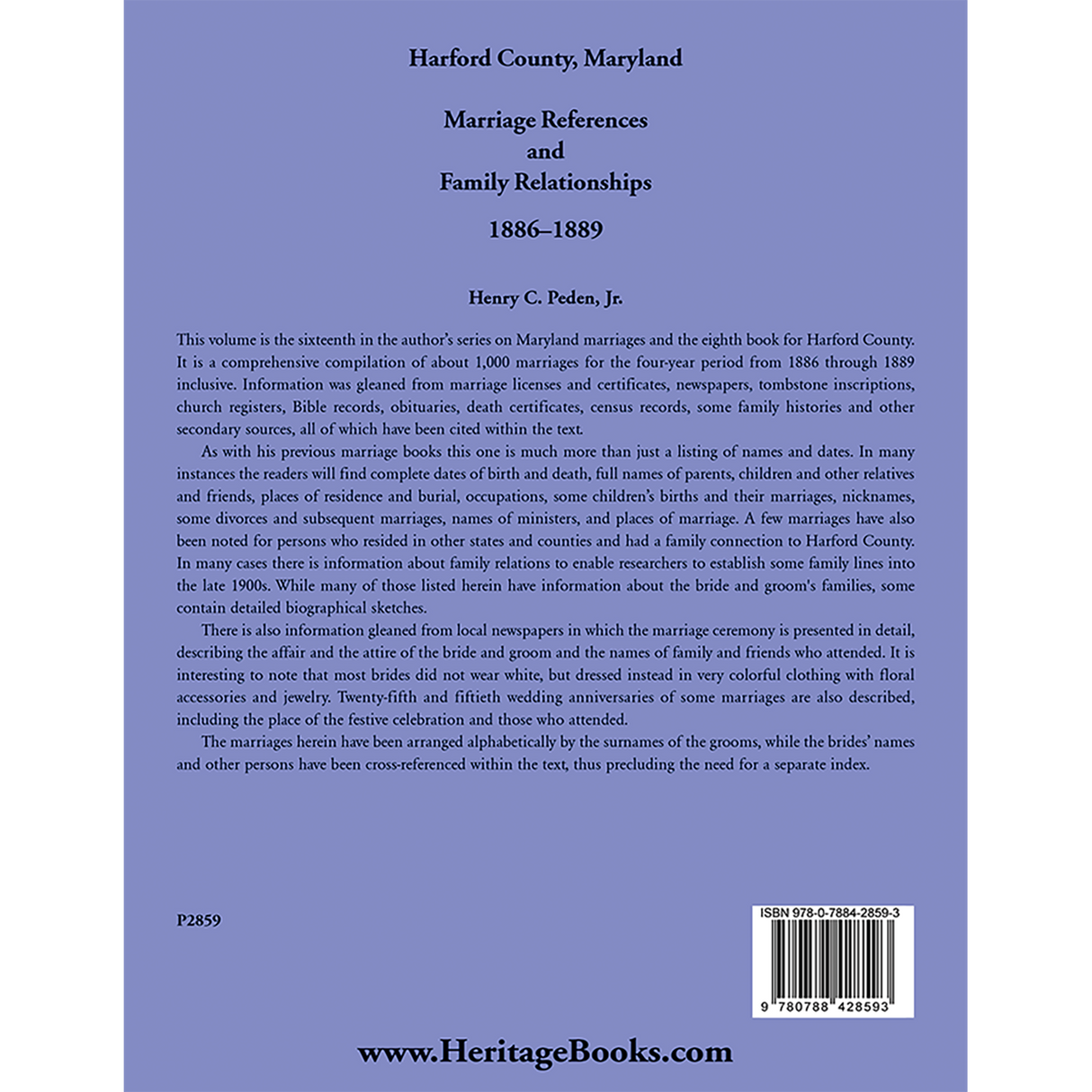 Harford County, Maryland Marriage References and Family Relationships, 1886-1889 back cover