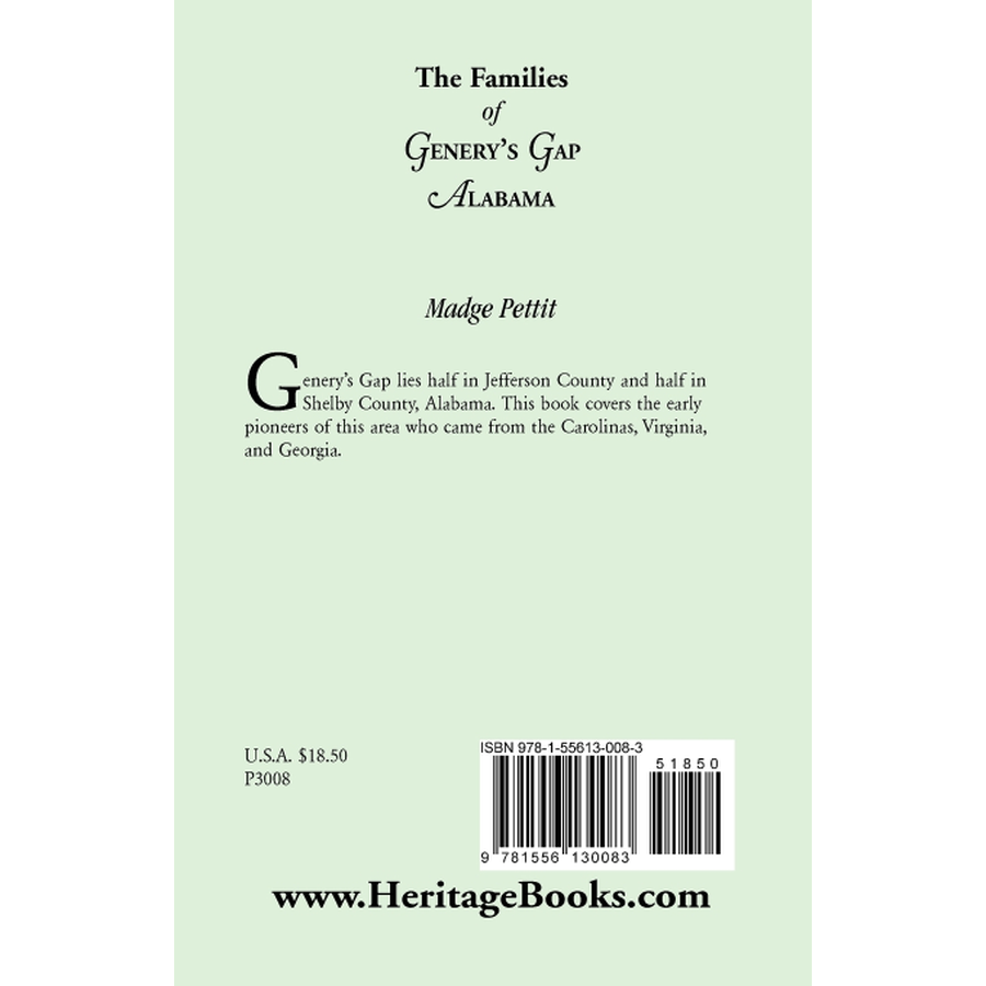 The Families of Genery's Gap, Alabama back cover
