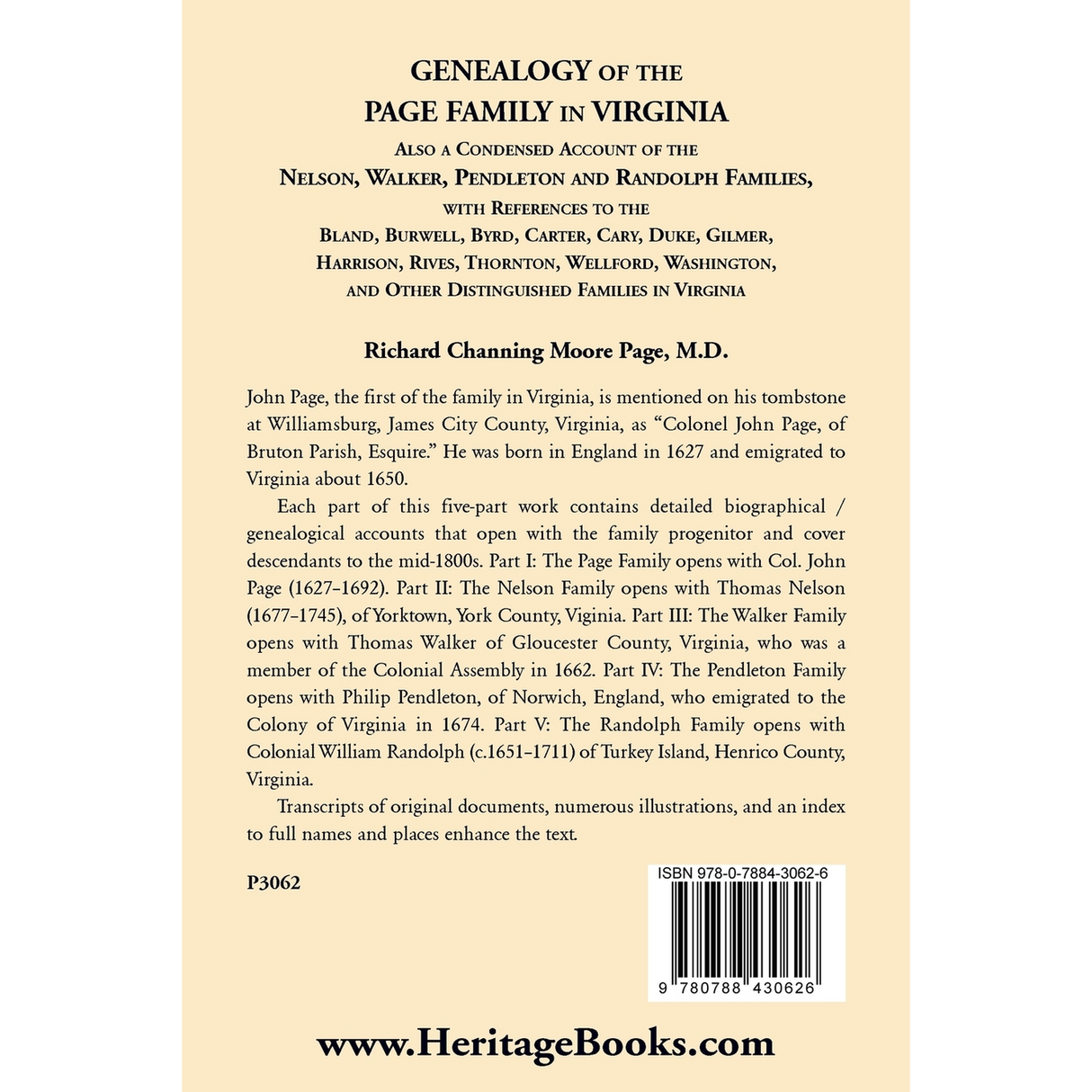 Genealogy of the Page Family in Virginia: Also a Condensed Account of The Nelson, Walker, Pendleton and Randolph Families back cover