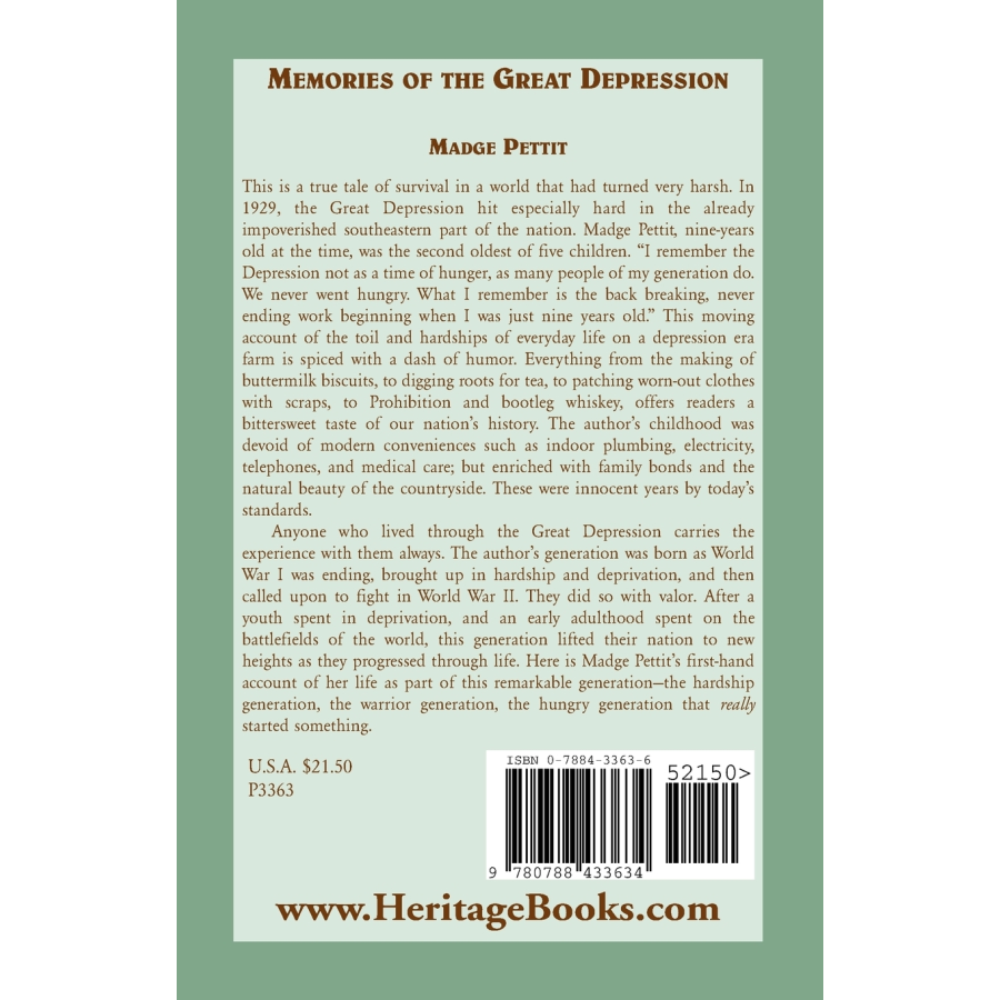 Memories of the Great Depression back cover