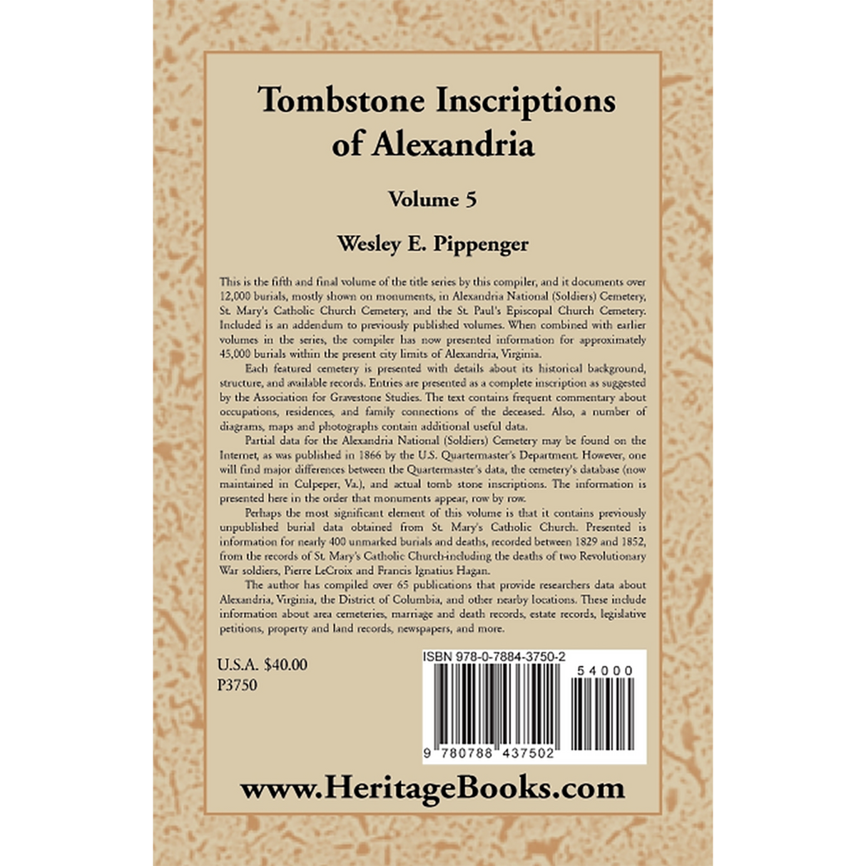 Tombstone Inscriptions of Alexandria, Virginia: Volume 5 back cover