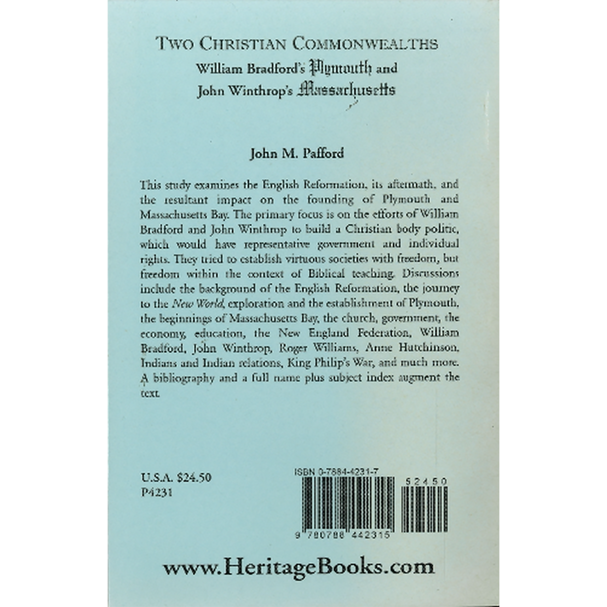 Two Christian Commonwealths: William Bradford's Plymouth and John Winthrop's Massachusetts back cover