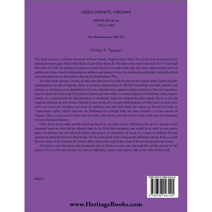 Essex County, Virginia Order Book 29, 1773 to 1783 (The Revolutionary Era) back cover