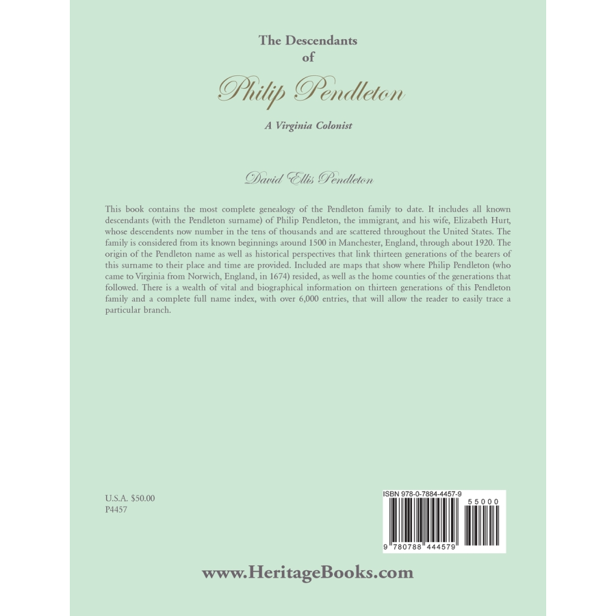 The Descendants of Philip Pendleton, A Virginia Colonist back cover