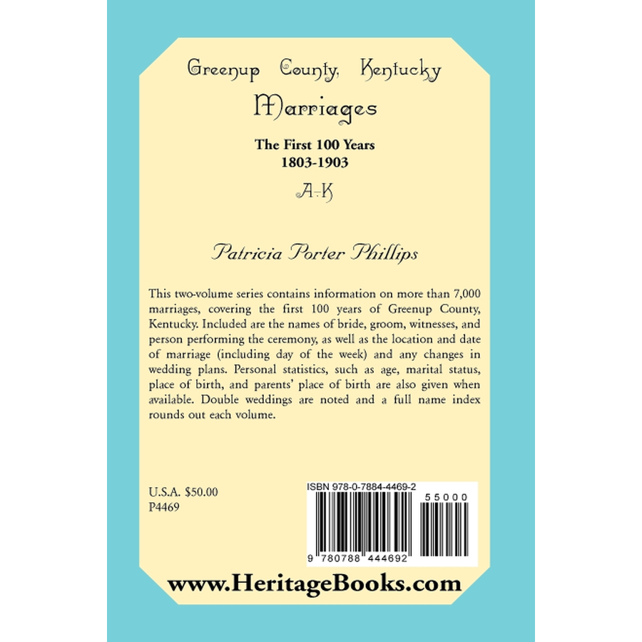 Greenup County, Kentucky Marriages, The First 100 Years, 1803-1903, A-K back cover