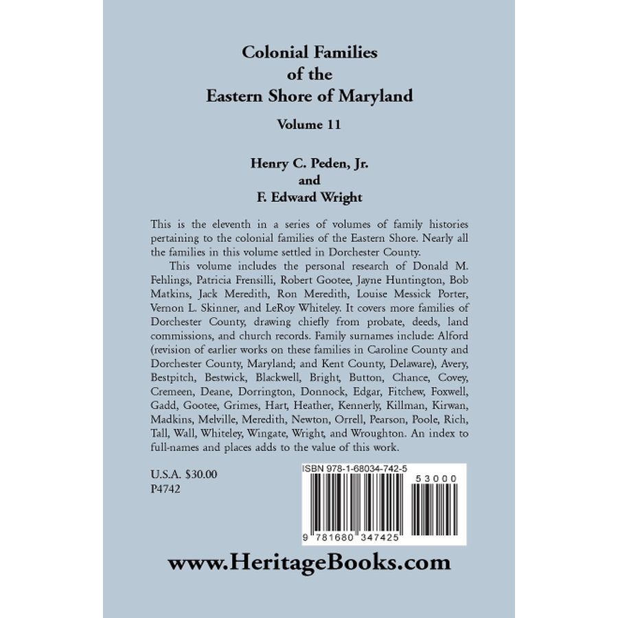 back cover of Colonial Families of the Eastern Shore of Maryland, Volume 11