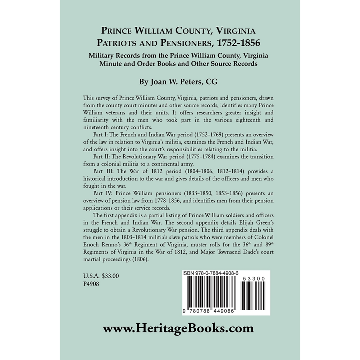 Prince William County, Virginia Patriots and Pensioners, 1752-1856 back cover
