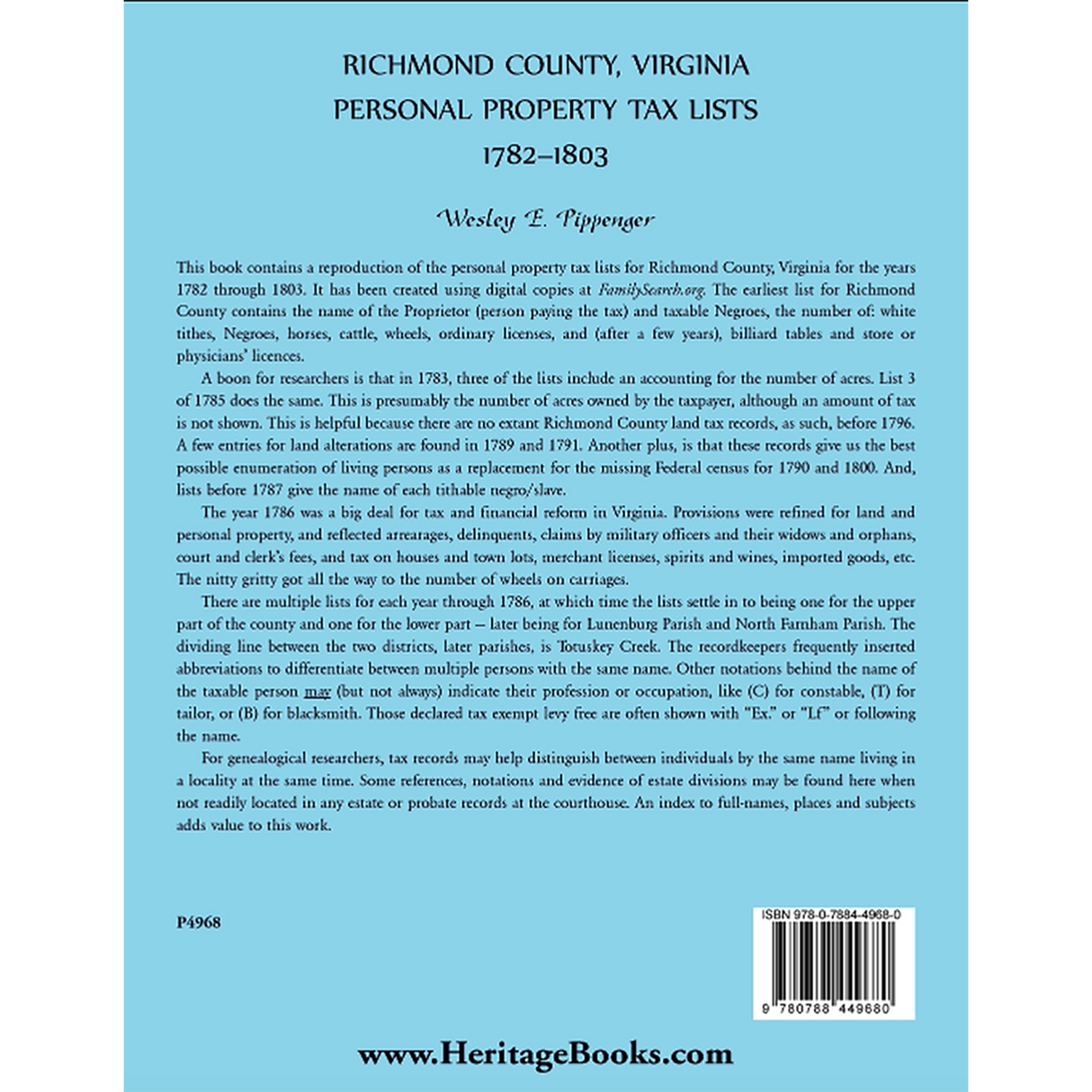 Richmond County, Virginia Personal Property Tax Lists, 1782-1803 back cover
