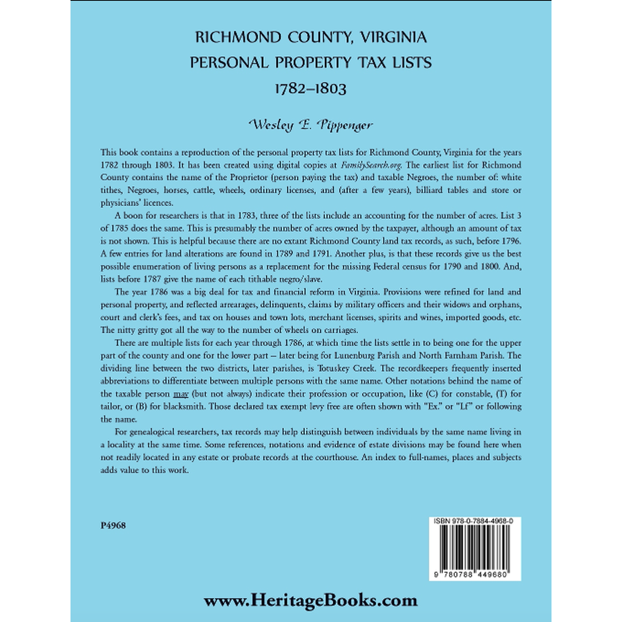 Richmond County, Virginia Personal Property Tax Lists, 1782-1803 back cover
