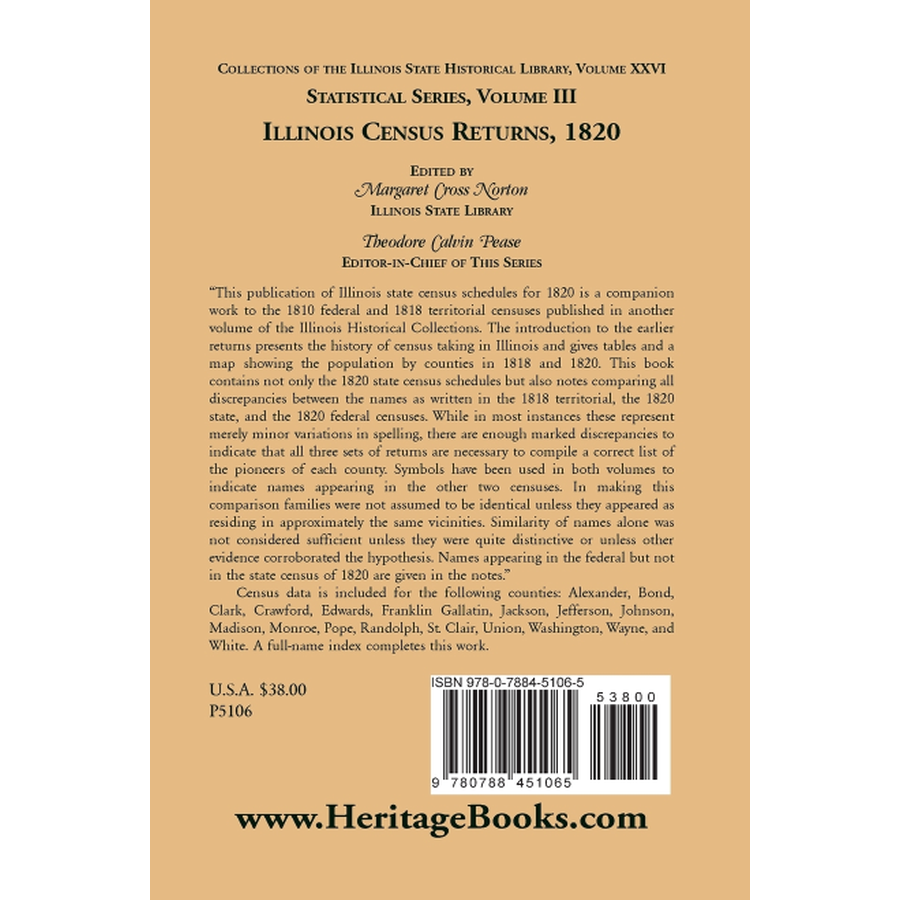 back cover of Collections of the Illinois State Historical Library, Volume XXVI: Statistical Series, Volume III, Illinois Census Returns, 1820