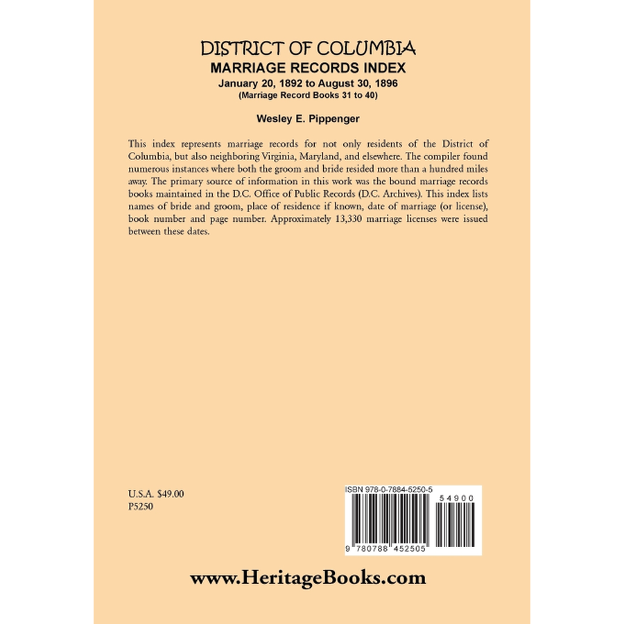 District of Columbia Marriage Records Index, January 20, 1892 to August 30, 1896 (Marriage Record Books 31 to 40) back cover