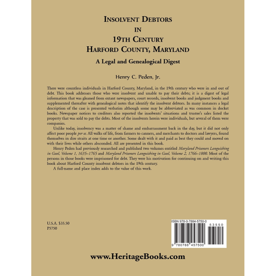 back cover of Insolvent Debtors in 19th Century Harford County, Maryland: A Legal and Genealogical Digest