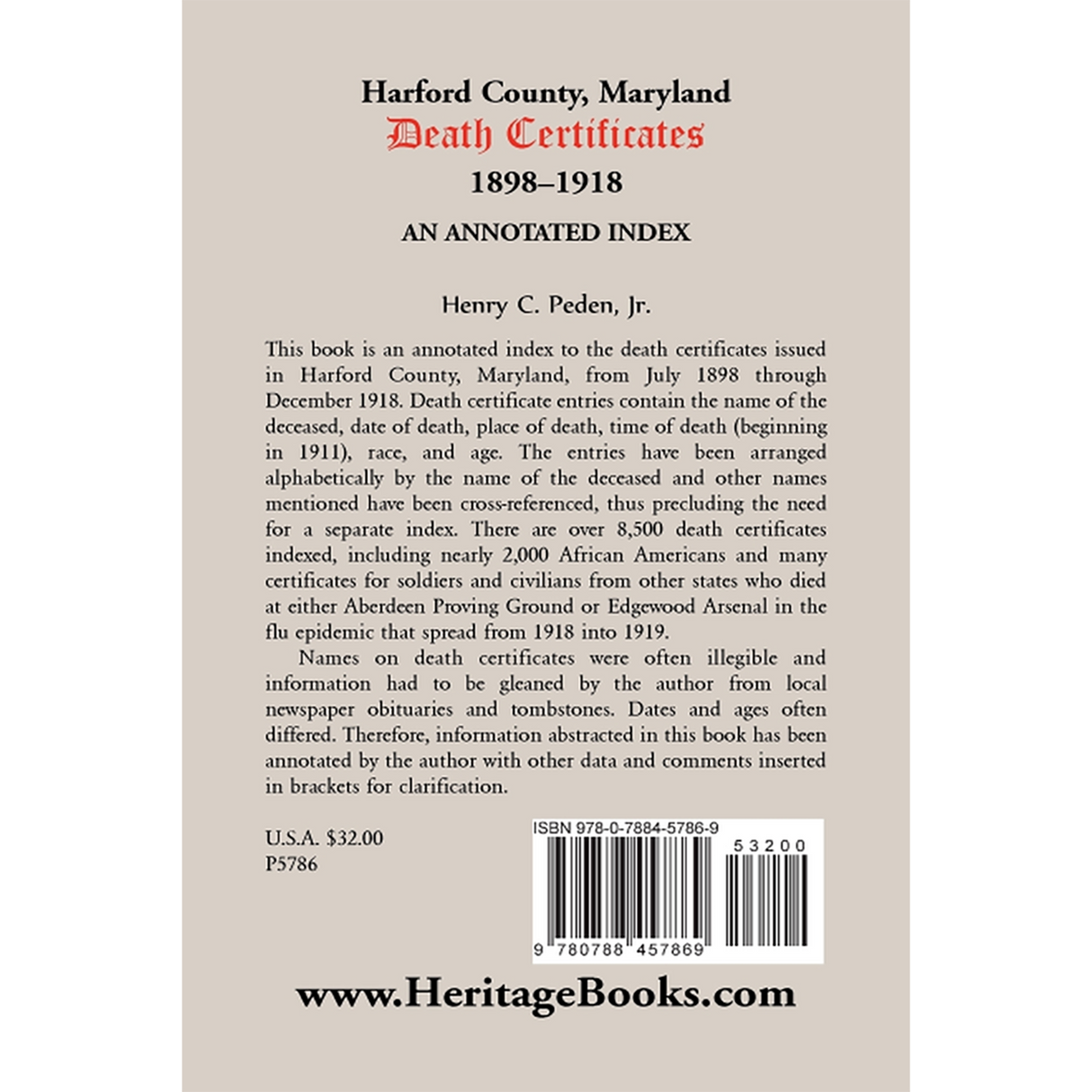 Harford County, Maryland Death Certificates, 1898-1918: An Annotated Index back cover