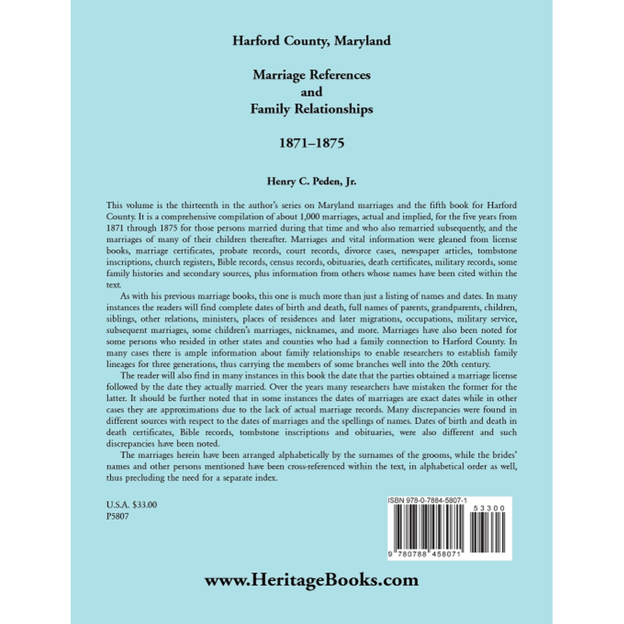 Harford County, Maryland Marriage References and Family Relationships, 1871-1875 back cover
