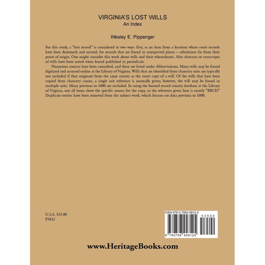 back cover of Virginia's Lost Wills: An Index