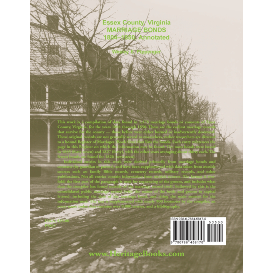 Essex County, Virginia Marriage Bonds, 1804-1850, Annotated back cover