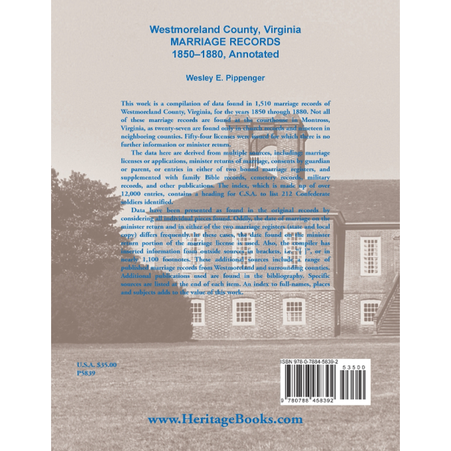 back cover of Westmoreland County, Virginia Marriage Records, 1850-1880, Annotated