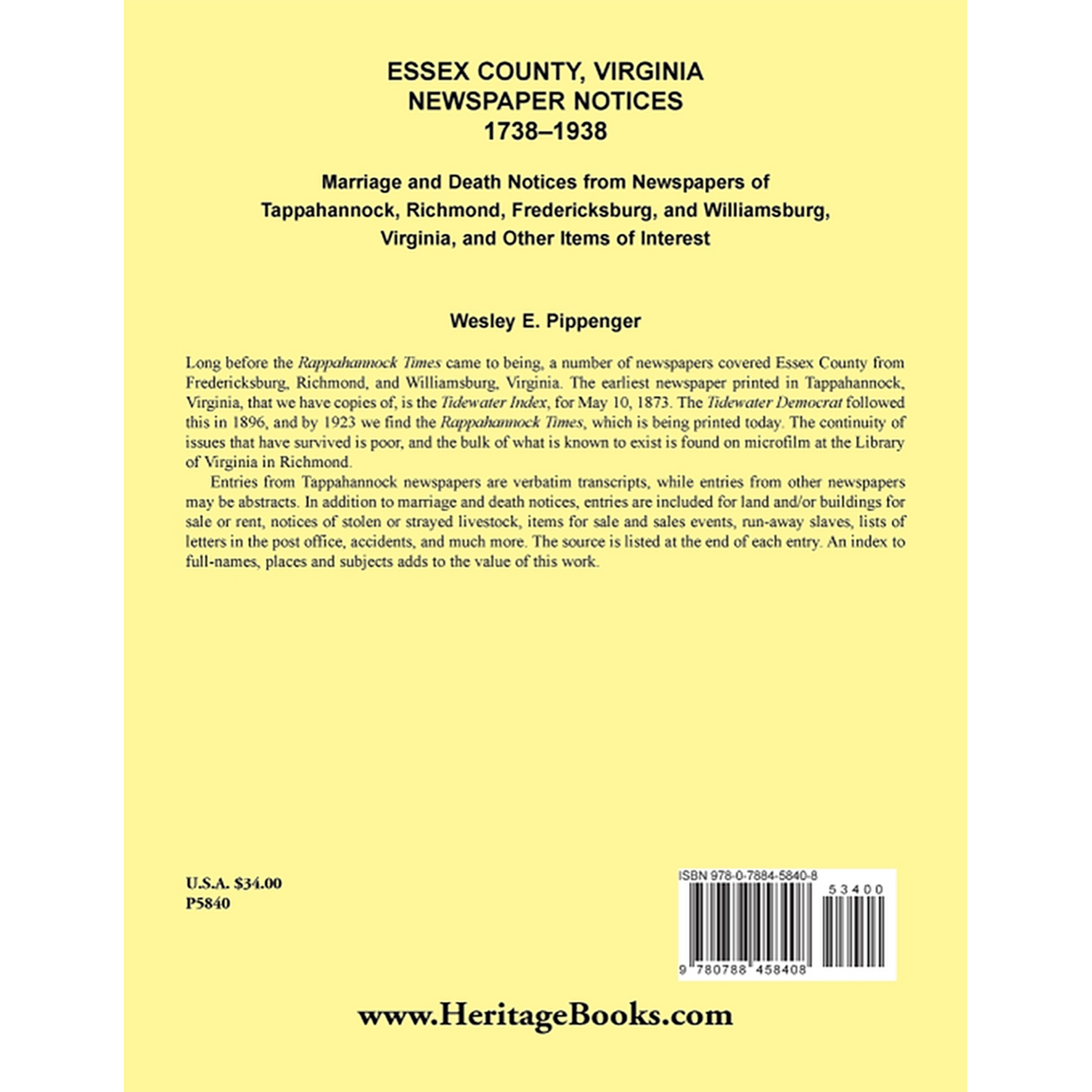 Essex County, Virginia Newspaper Notices, 1738-1938; Marriage and Death Notices back cover