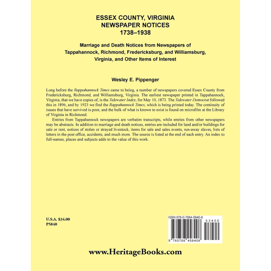 back cover of Essex County, Virginia Newspaper Notices, 1738-1938; Marriage and Death Notices