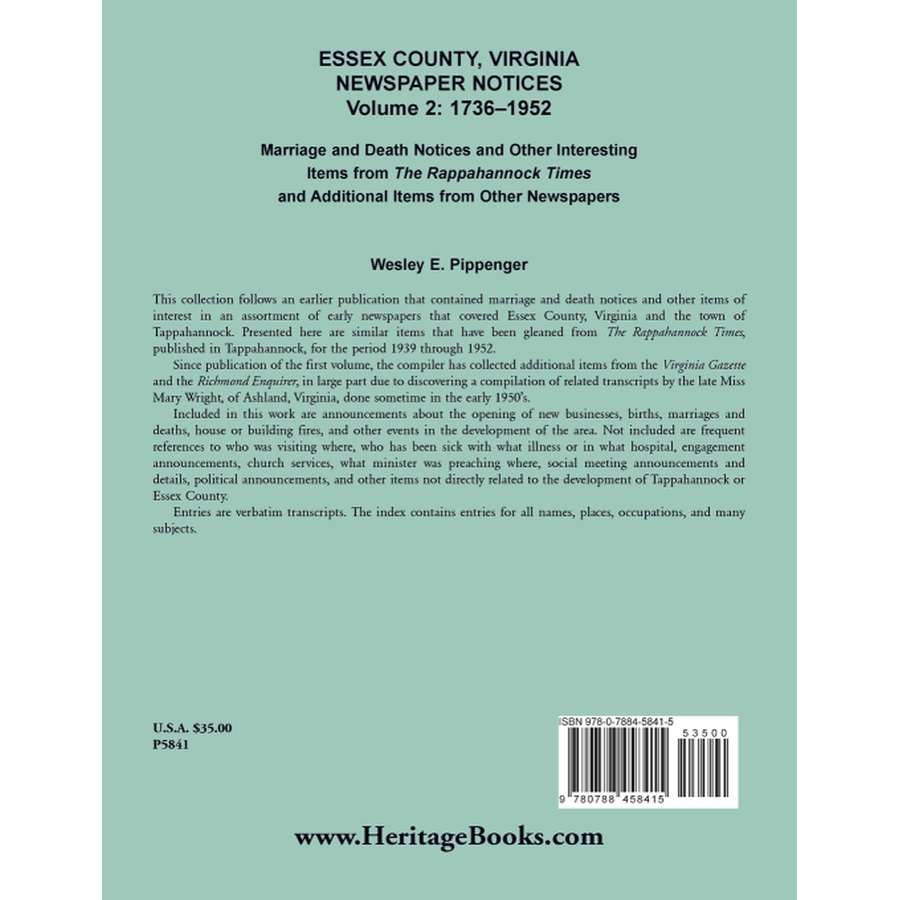 back cover of Essex County, Virginia Newspaper Notices, Volume 2: 1736-1952