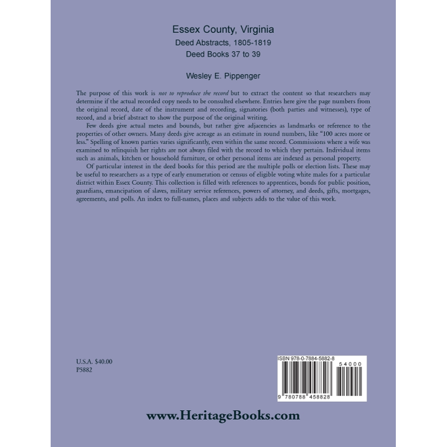 Essex County, Virginia Deed Abstracts, 1805-1819, Deed Books 37 to 39 back cover