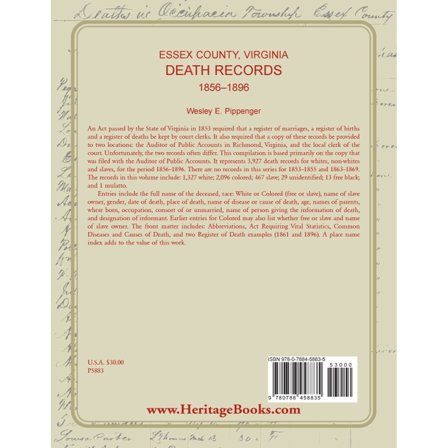 back cover of Essex County, Virginia Death Records, 1856-1896
