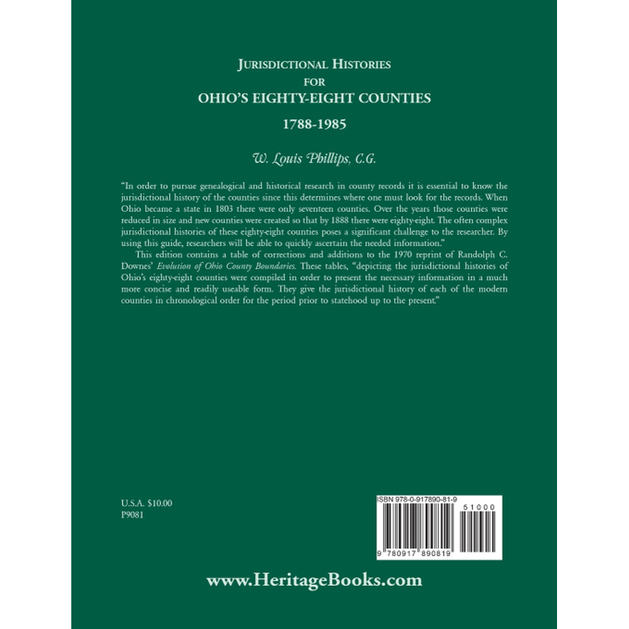 back cover of Jurisdictional Histories for Ohio's 88 Counties, 1788-1985