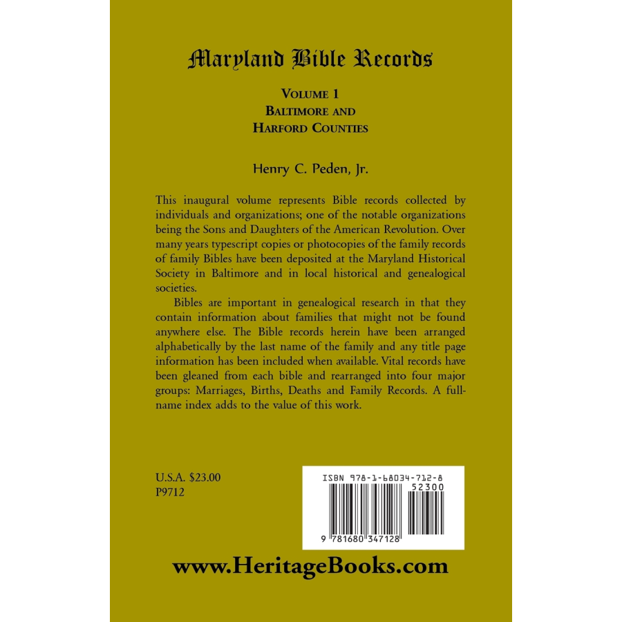 Maryland Bible Records, Volume 1: Baltimore and Harford Counties back cover