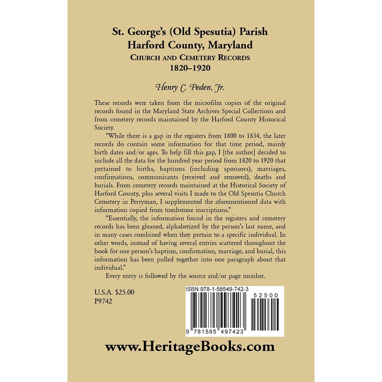 St. George's (Old Spesutia) Parish, Harford County, Maryland: Church and Cemetery Records, 1820-1920 back cover