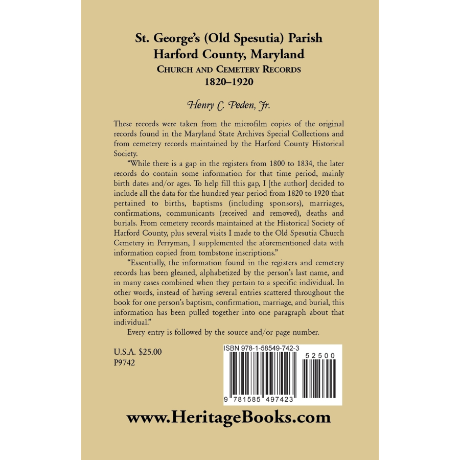 St. George's (Old Spesutia) Parish, Harford County, Maryland: Church and Cemetery Records, 1820-1920 back cover