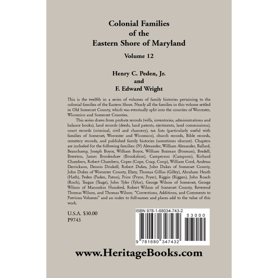 back cover of Colonial Families of the Eastern Shore of Maryland, Volume 12