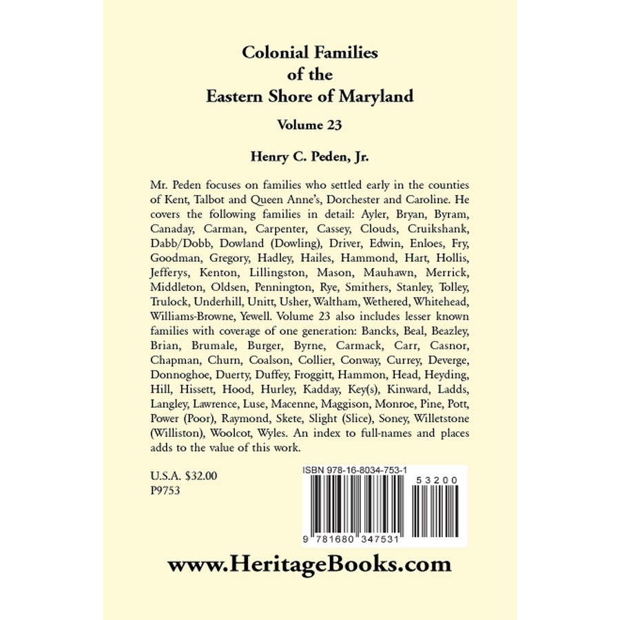 back cover of Colonial Families of the Eastern Shore of Maryland, Volume 23