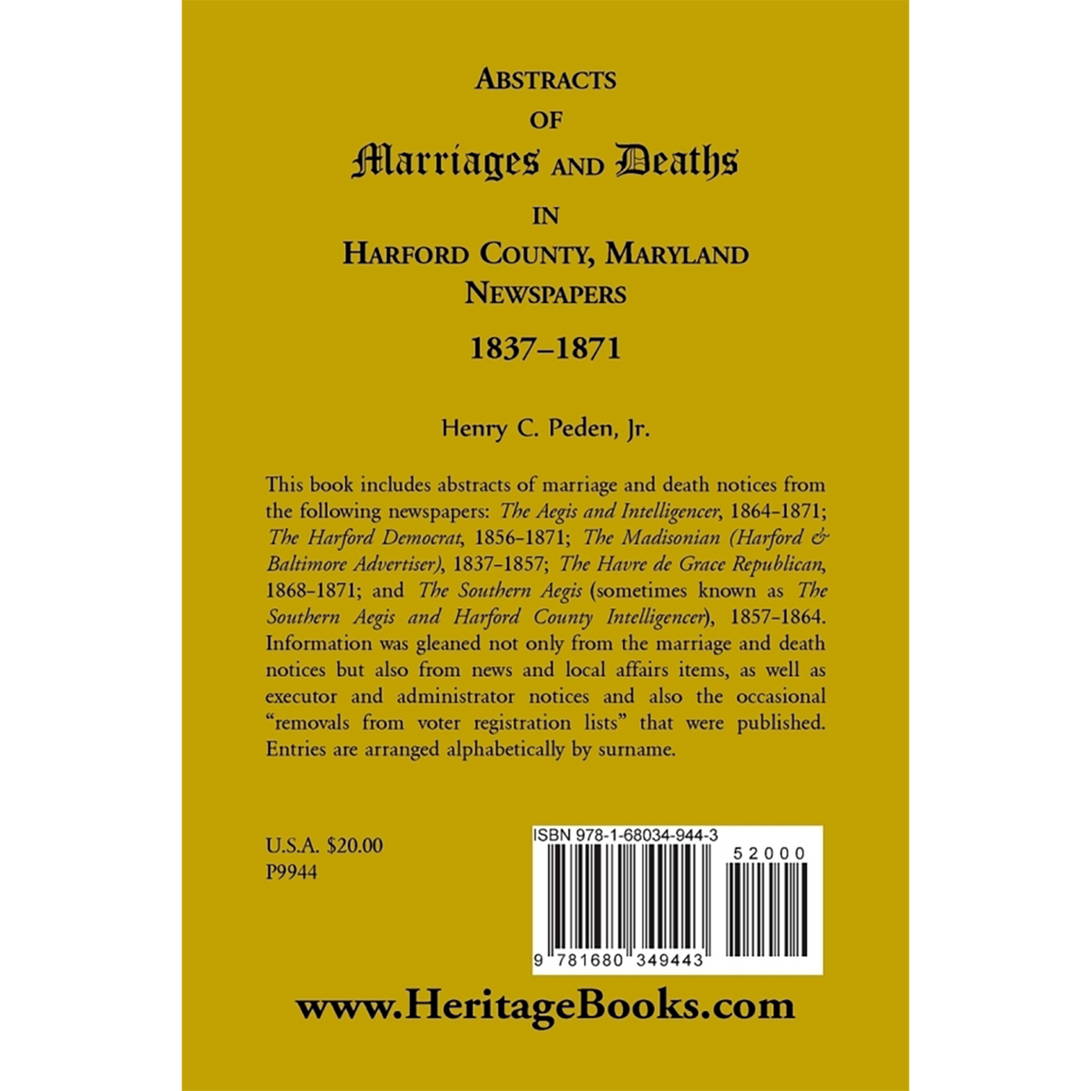 Abstracts of Marriages and Deaths in Harford County, Maryland Newspapers, 1837-1871 back cover